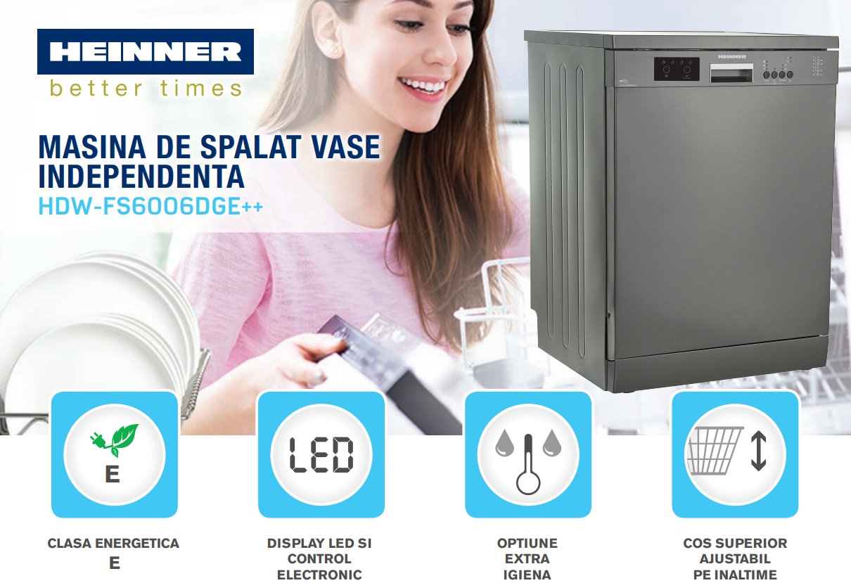 Masina de spalat vase Heinner HDW-FS6006DGE++ , 12 Seturi, 6 programe, Clasa E, Half load, Aquastop, 60 cm, Antracit