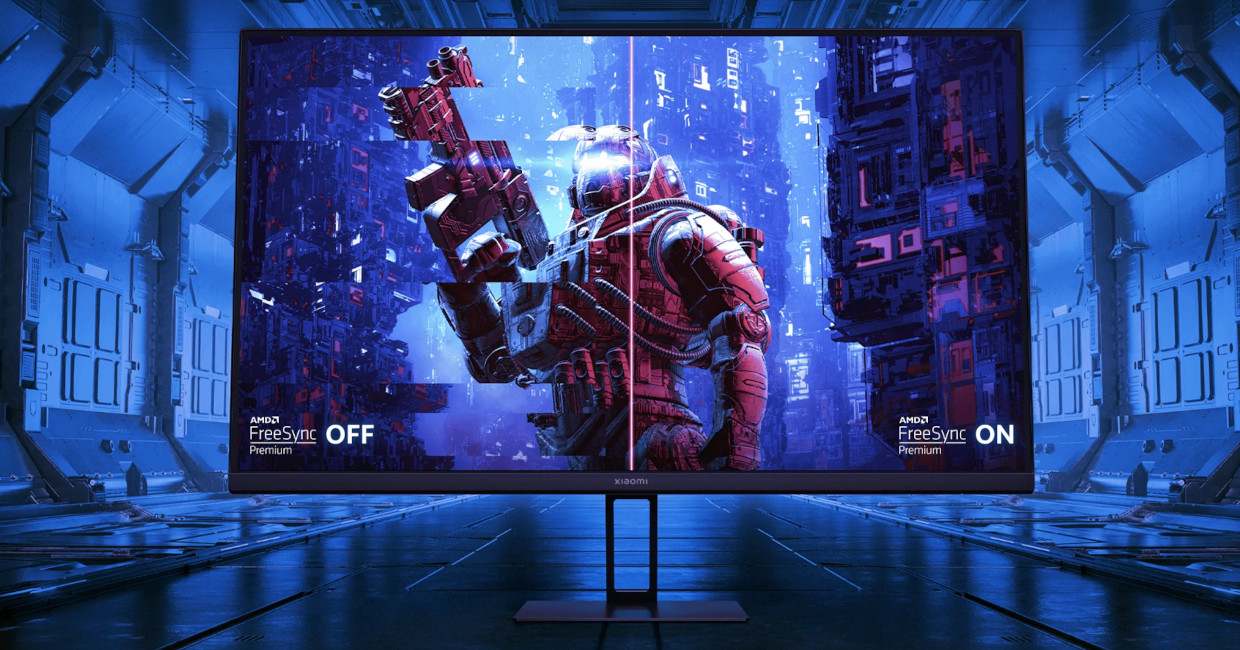 Vedere frontala cu monitorul de gaming Xiaomi G27i, Negru comparand tehnologie AMD FreeSync Premium oprita sau pornita.