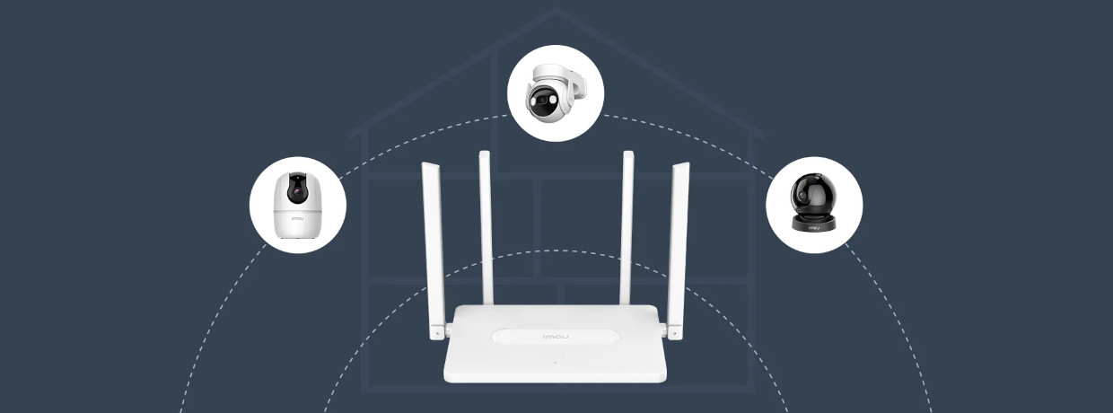 Ilustratie cu router-ul Imou HR12G care se poate conecta cu usurinta la alte camere de supraveghere Imou.