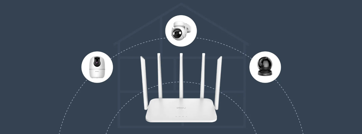 Ilustratie cu router-ul Imou HX21 care se poate conecta cu usurinta la alte camere de supraveghere Imou.