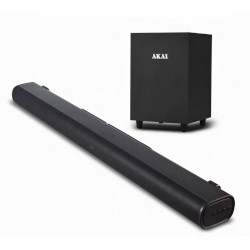 Vedere din perspectiva cu laterala dreapta cu soundbar-ul Akai ASB-20CSW si subwoofer-ul acestuia.