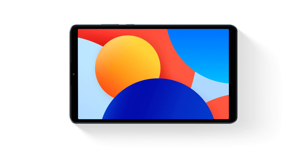 Vedere frontala cu tableta Xiaomi Redmi Pad SE, 8.7 inch, 4GB RAM, 128GB, afisand pe ecran patru cercuri colorate care se intersecteaza.