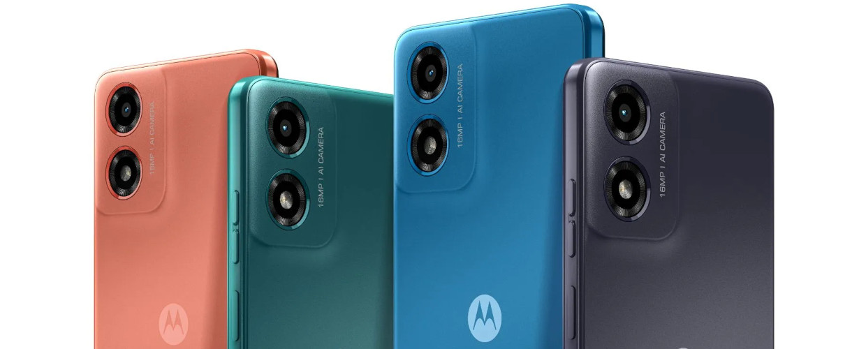 Prezentare diferite culori cu spatele telefonului Motorola Moto g04.