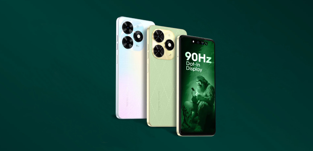 Poza cu telefonul Tecno Spark 20C frontal din perspectiva cu laterala stanga si cu spatele, pe fundal verde inchis.